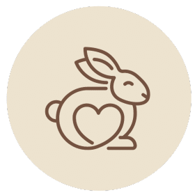 A rabbit with a heart icon in a circle on a beige background.